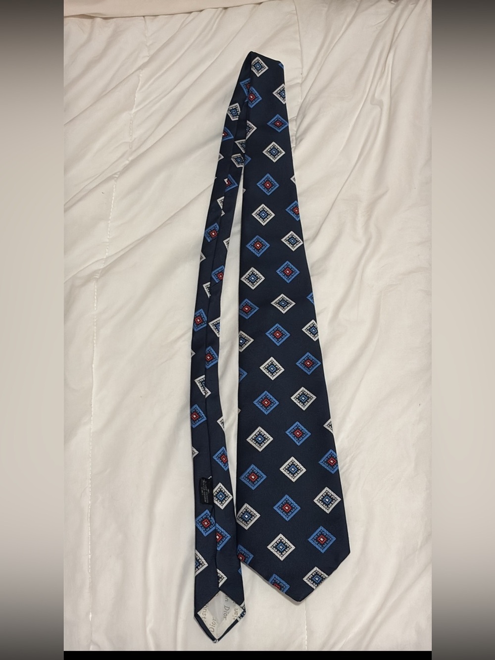 Dior Navy Geometric Diamond-Print Silk Tie with Blue & White Accents